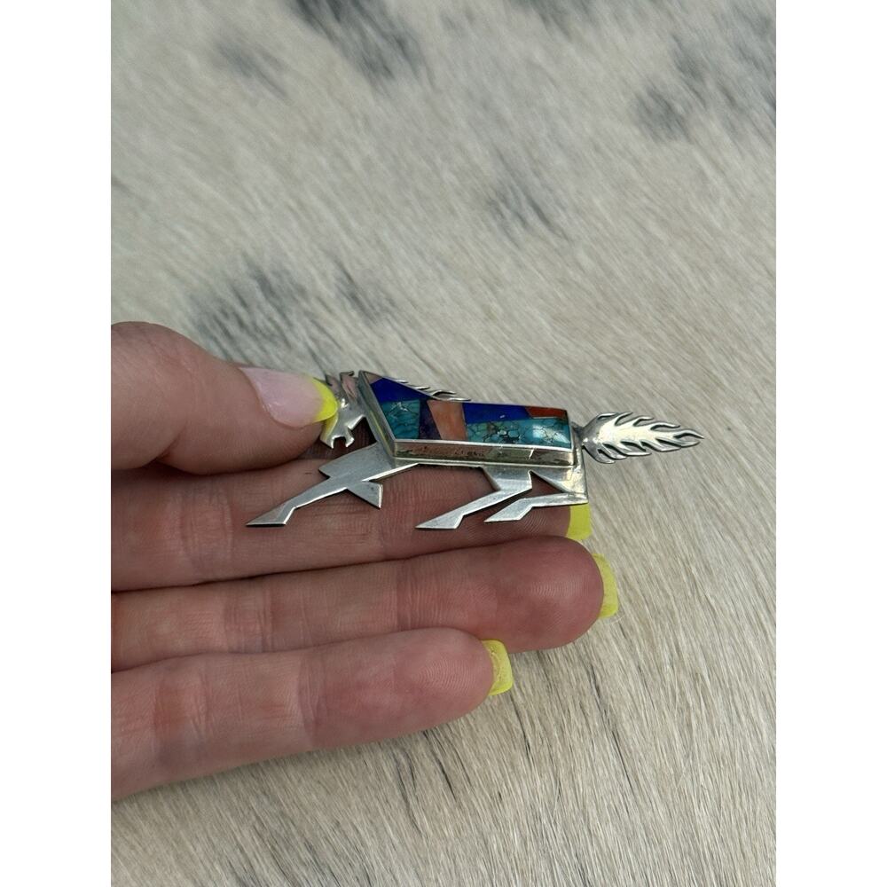 Native American Sterling Silver Inlay Horse Pin Turquoise Coral Robert Vandover - Picture 5 of 15